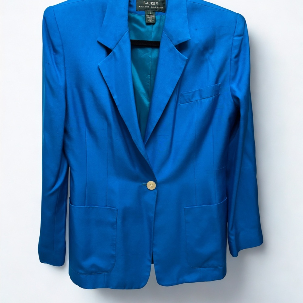 Vintage Lauren Ralph Lauren 100% Silk Blue Blazer Sz 8 Shoulder Pads